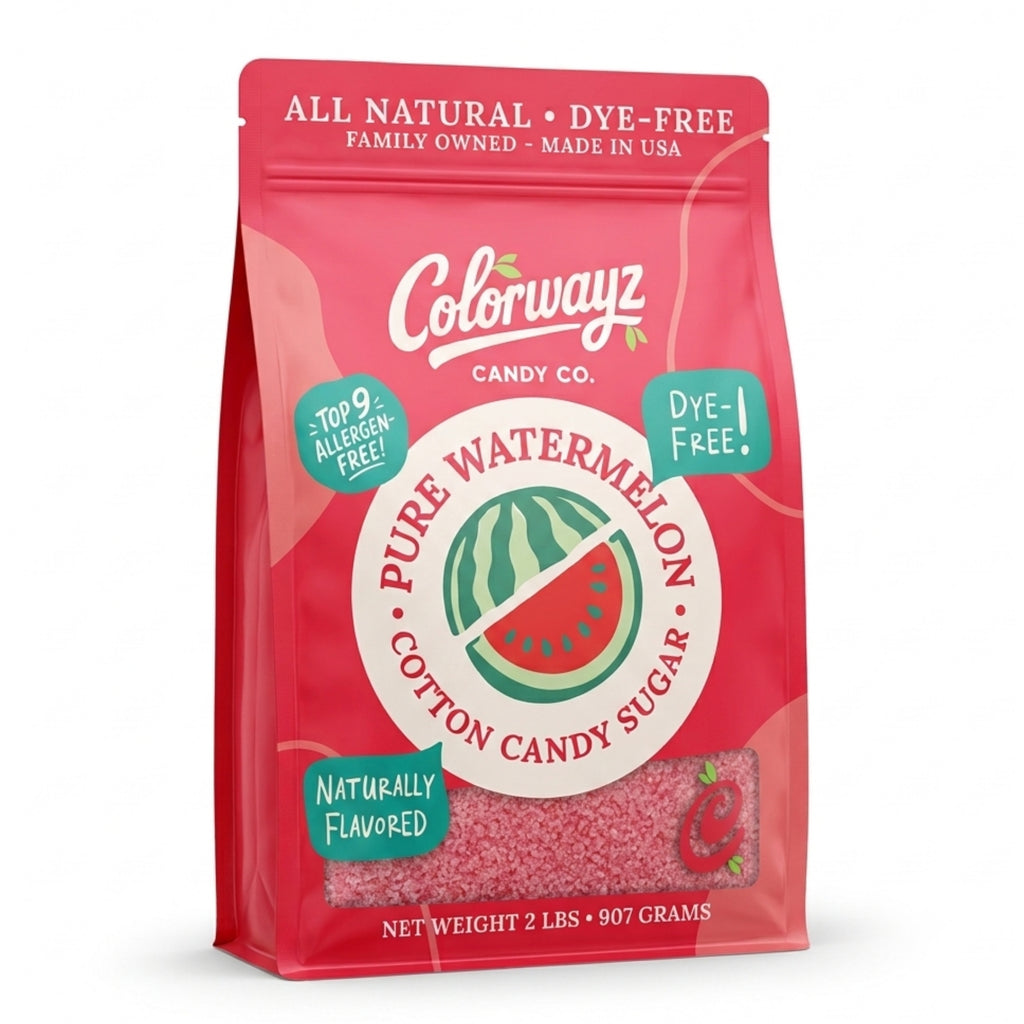 Colorwayz Candy Co. Pure Watermelon Cotton Candy Sugar 2 lb pouch with pink watermelon sugar visible through the front window
