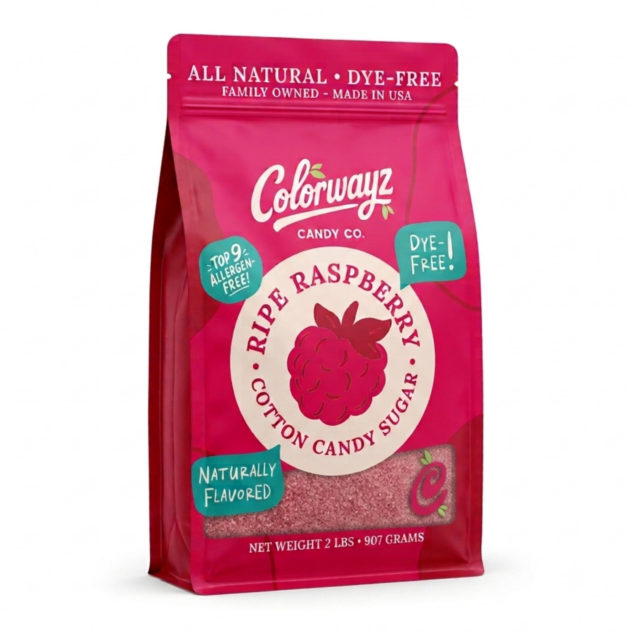 Colorwayz Candy Co. Ripe Raspberry Cotton Candy Sugar 2 lb pouch with muted raspberry-pink sugar visible through the front window