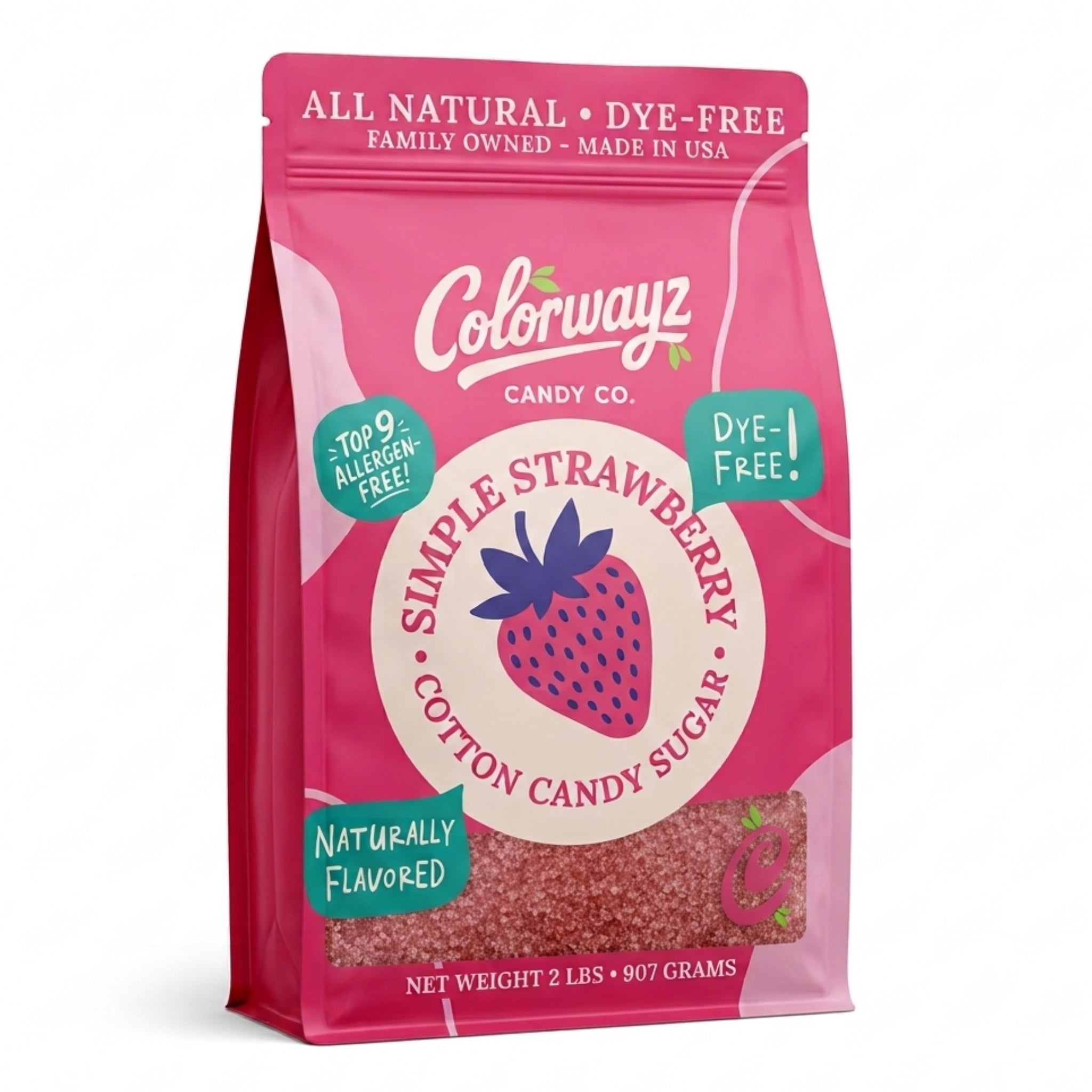 Colorwayz Candy Co. Simple Strawberry Cotton Candy Sugar 2 lb pouch with muted strawberry-pink sugar visible through the front window