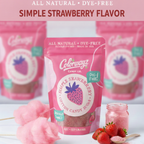 Colorwayz Simple Strawberry cotton candy sugar shown with fresh spun cotton candy and strawberries in a bright kitchen setting