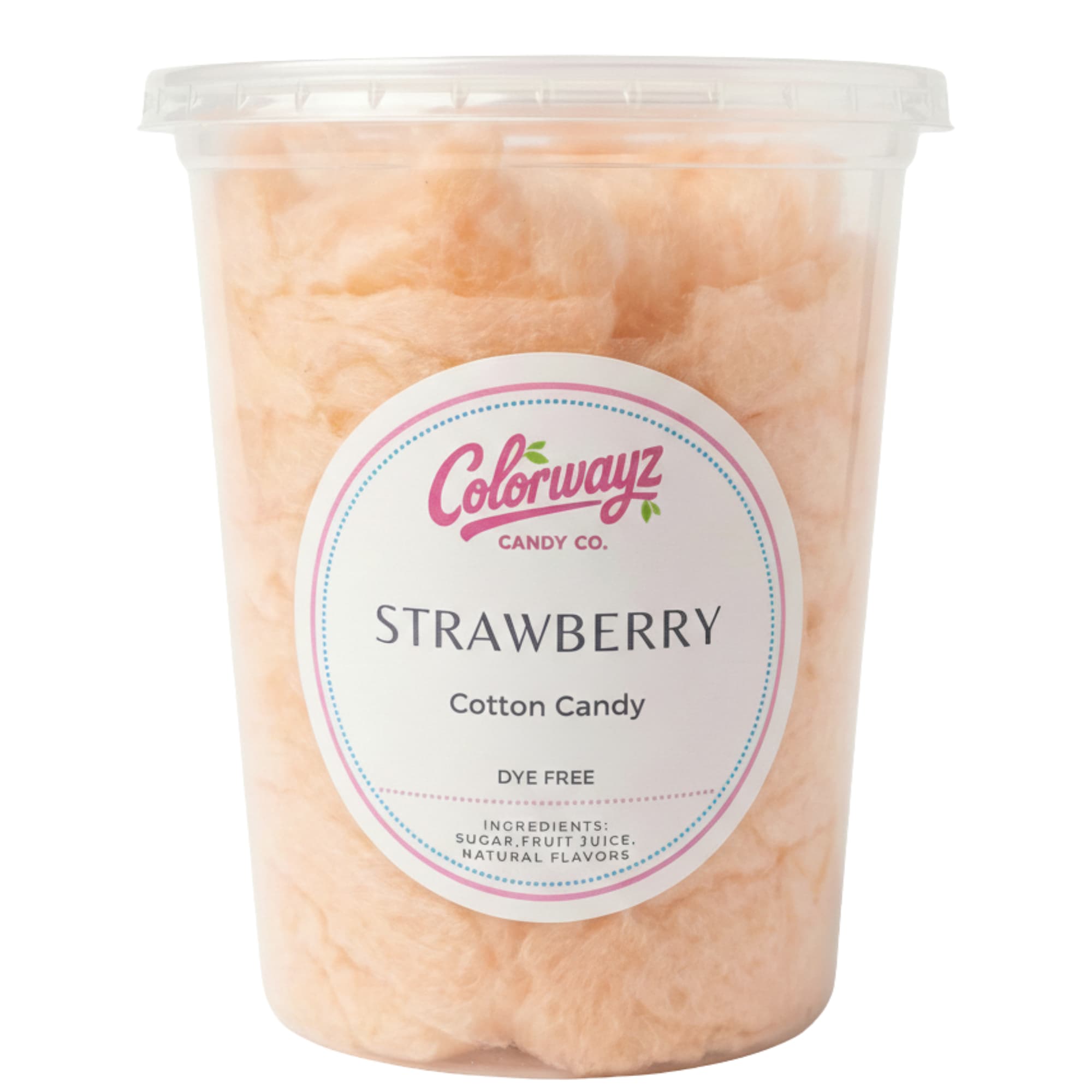 Colorwayz Strawberry cotton candy, dye-free cotton candy with natural strawberry flavor in clear container