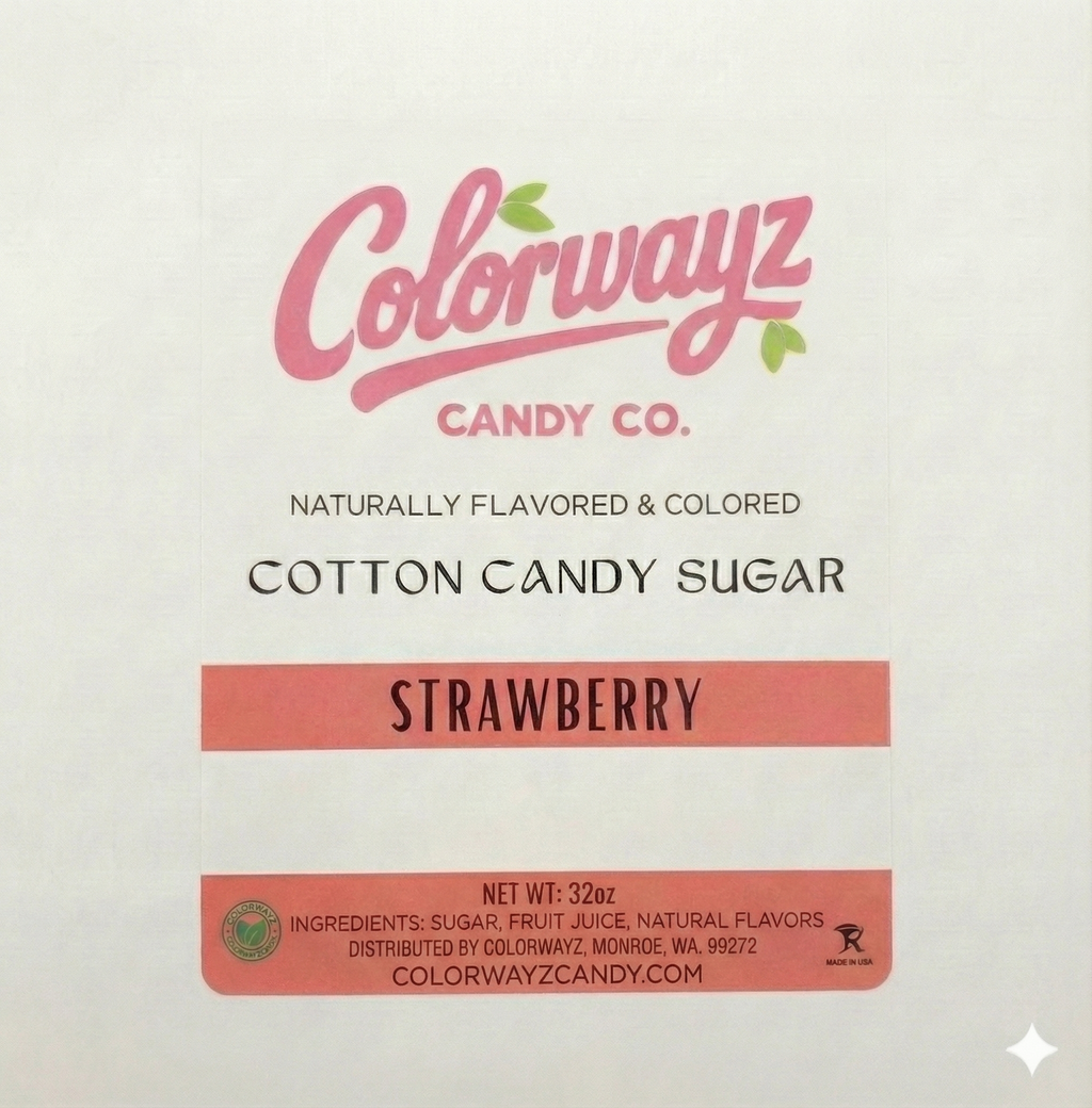 Colorwayz Strawberry Cotton Candy Sugar packaging showing flavor label and dye-free ingredients
