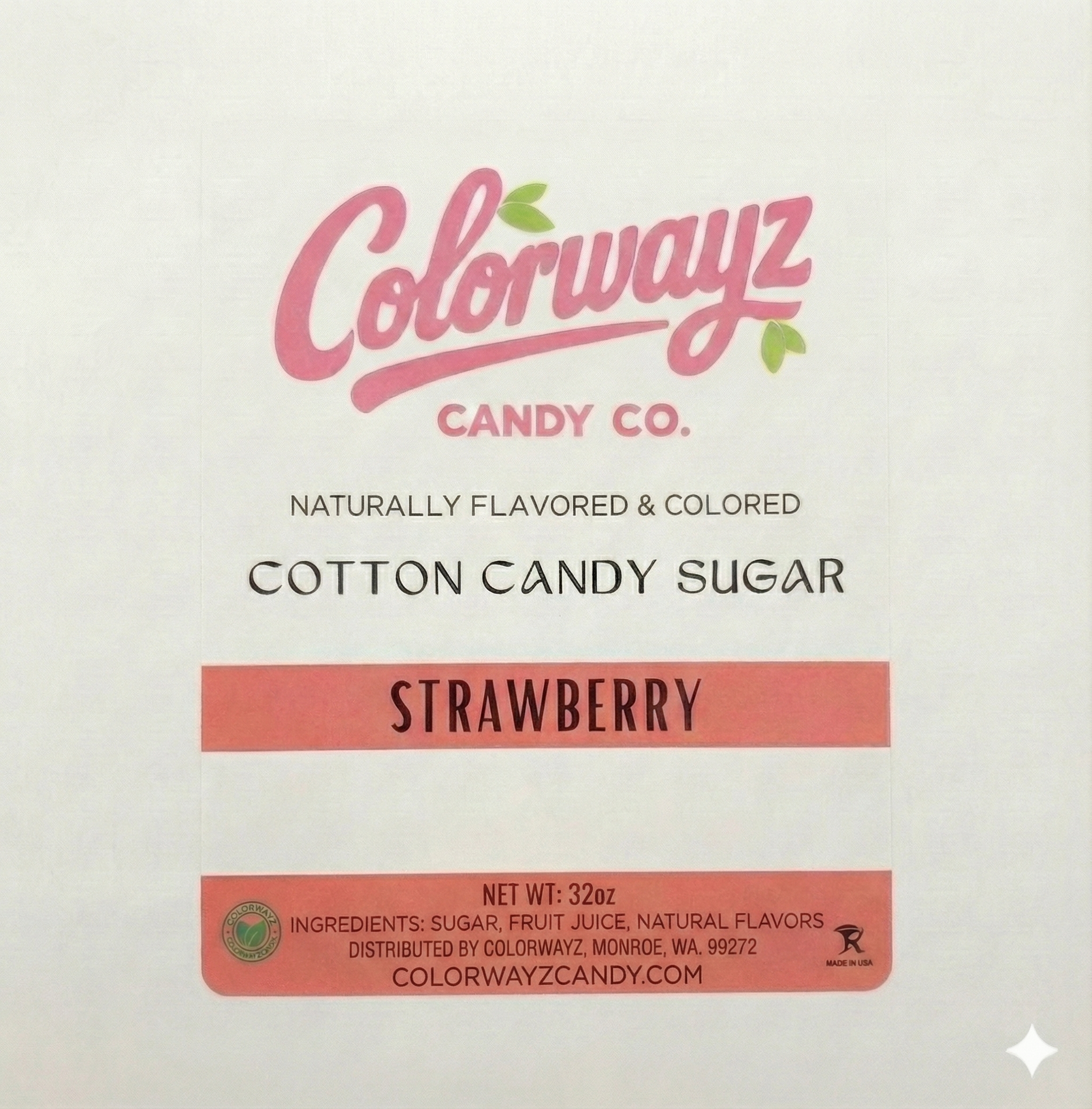 Colorwayz Strawberry Cotton Candy Sugar packaging showing flavor label and dye-free ingredients