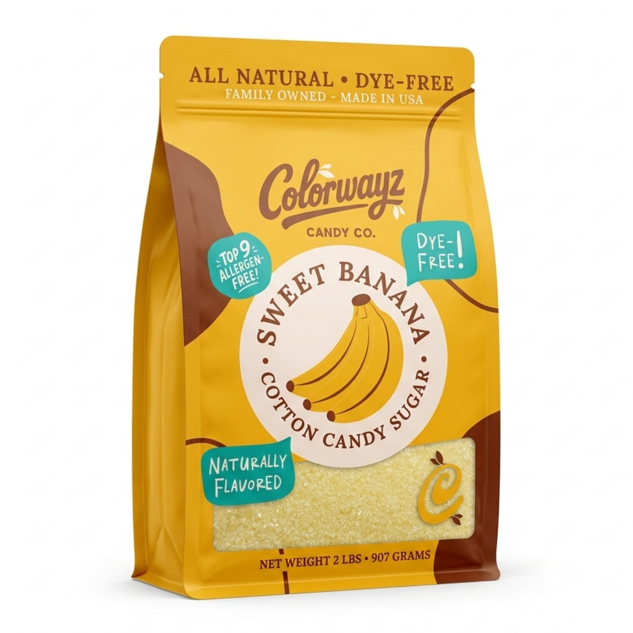 Colorwayz Candy Co. Sweet Banana Cotton Candy Sugar 2 lb pouch with pale yellow sugar visible through the front window