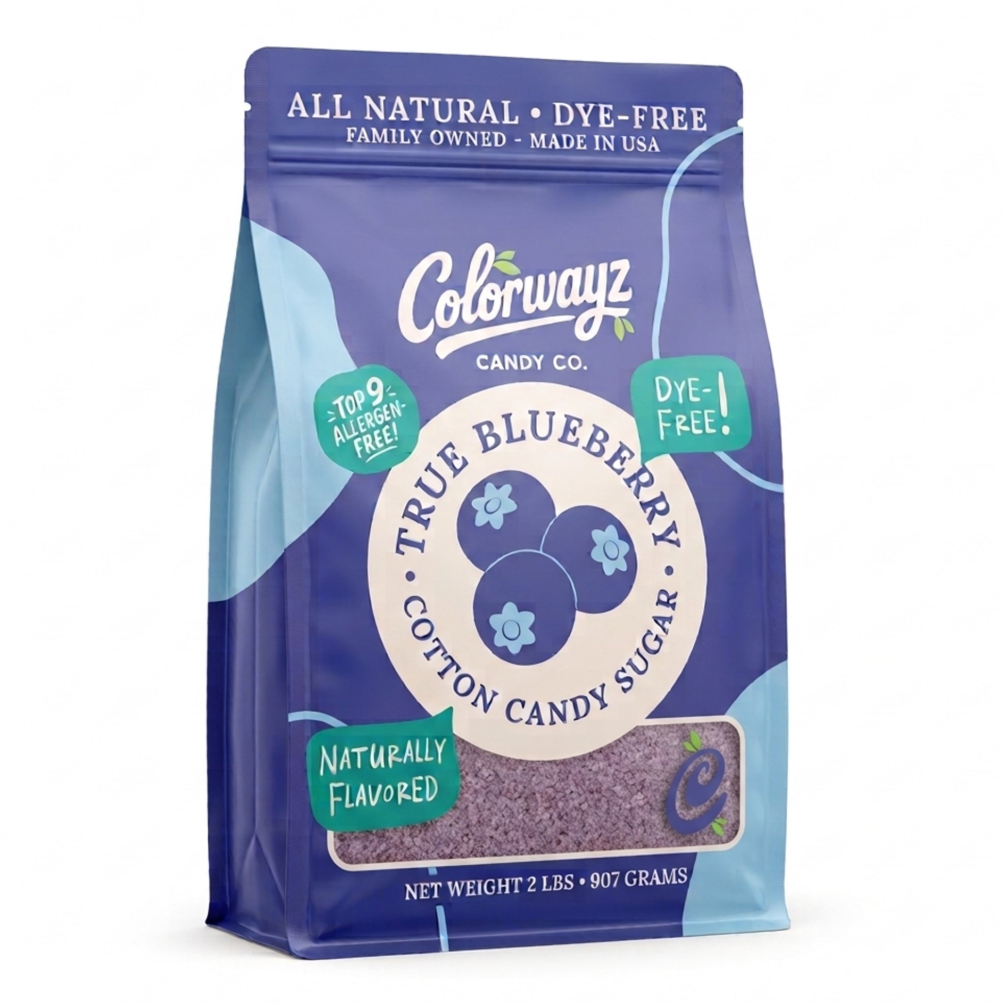 Colorwayz Candy Co. True Blueberry Cotton Candy Sugar 2 lb pouch with lavender-purple sugar visible through the front window