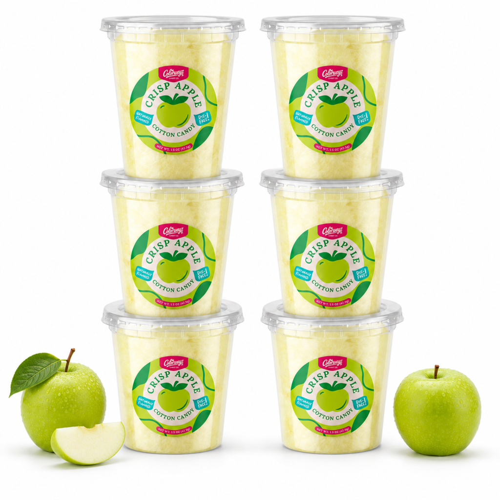 Six tubs of Colorwayz Crisp Apple cotton candy with fresh green apples.