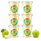 Six tubs of Colorwayz Crisp Apple cotton candy with fresh green apples.