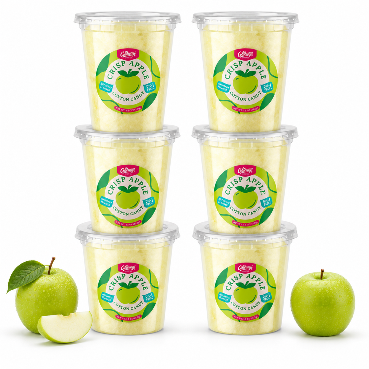 Six tubs of Colorwayz Crisp Apple cotton candy with fresh green apples.