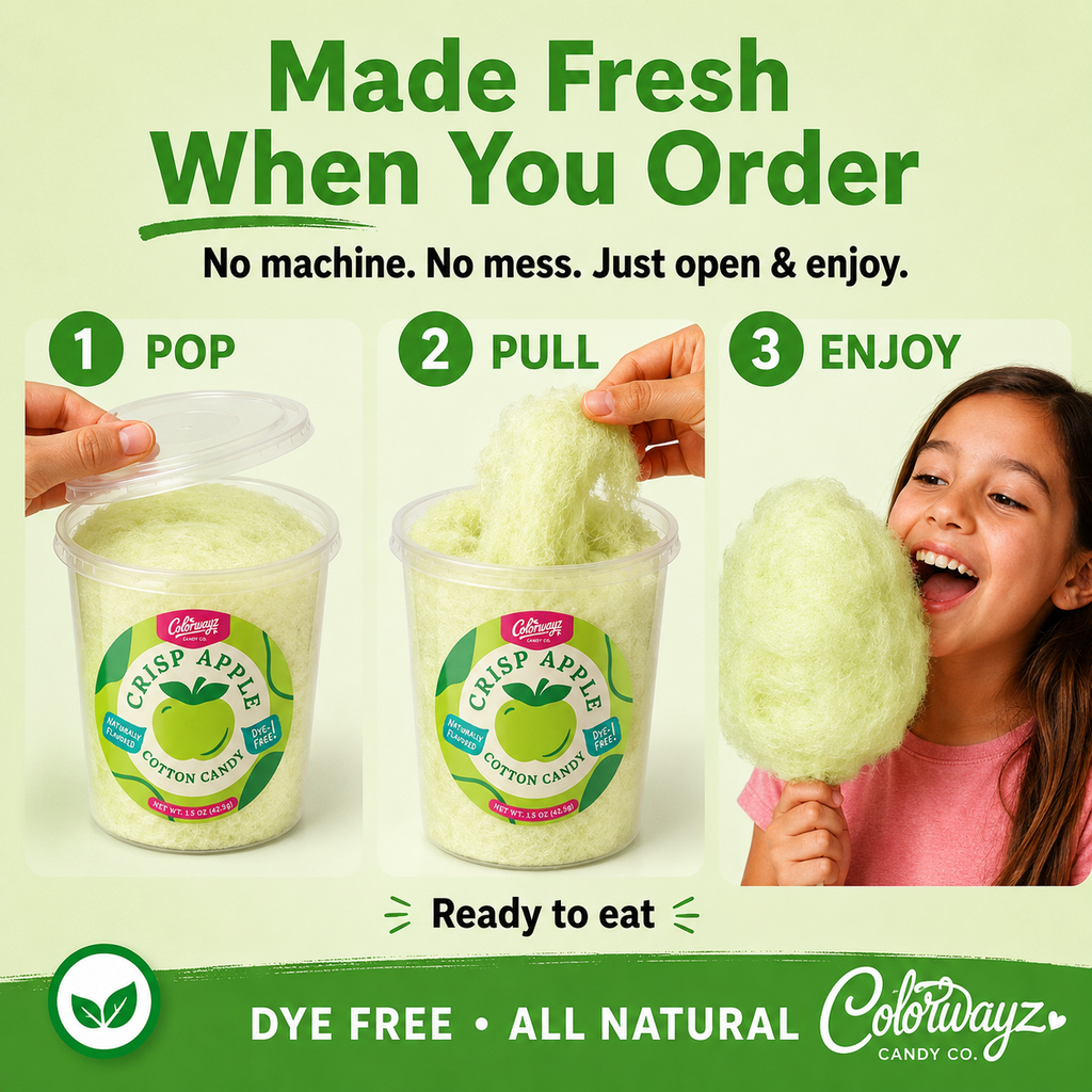 Crisp Apple cotton candy showing three steps to open the tub, pull the cotton candy and enjoy.