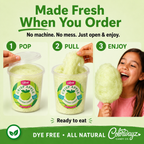Crisp Apple cotton candy showing three steps to open the tub, pull the cotton candy and enjoy.