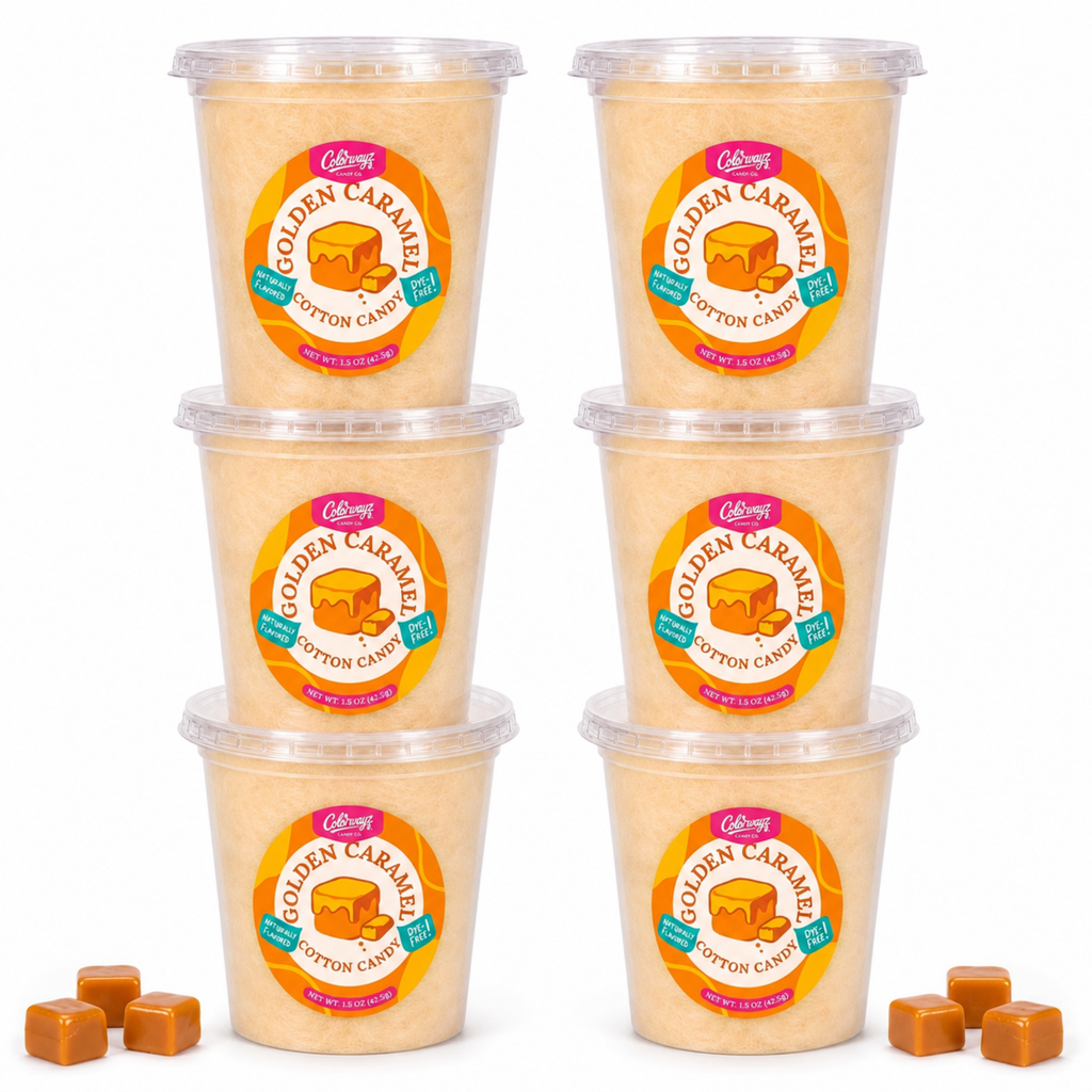 Six tubs of Colorwayz Golden Caramel cotton candy with caramel pieces.