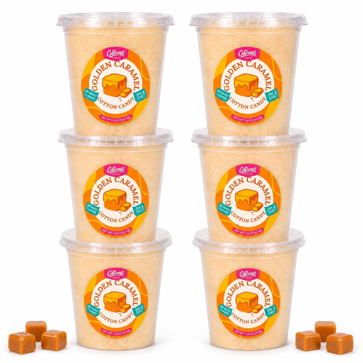 Six tubs of Colorwayz Golden Caramel cotton candy with caramel pieces.