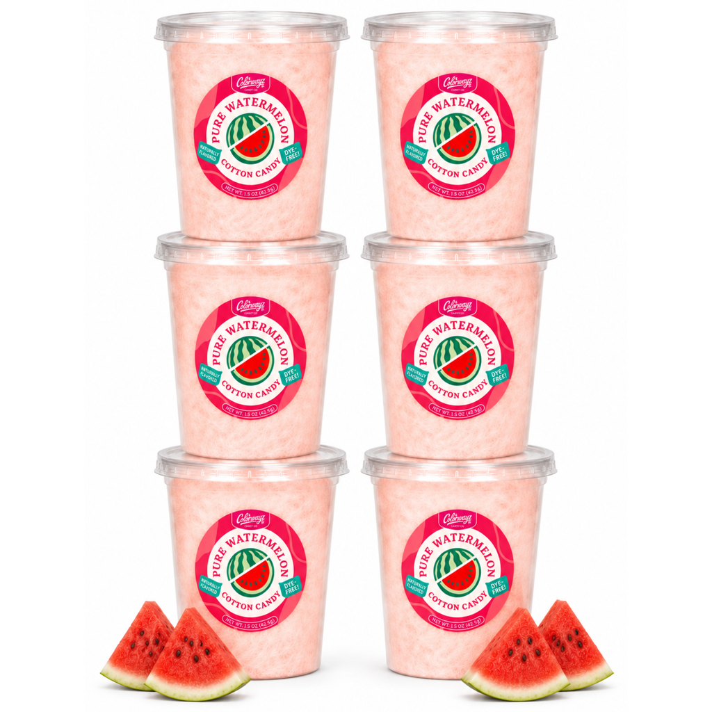 Six tubs of Colorwayz Pure Watermelon cotton candy with fresh watermelon slices.