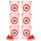 Six tubs of Colorwayz Pure Watermelon cotton candy with fresh watermelon slices.