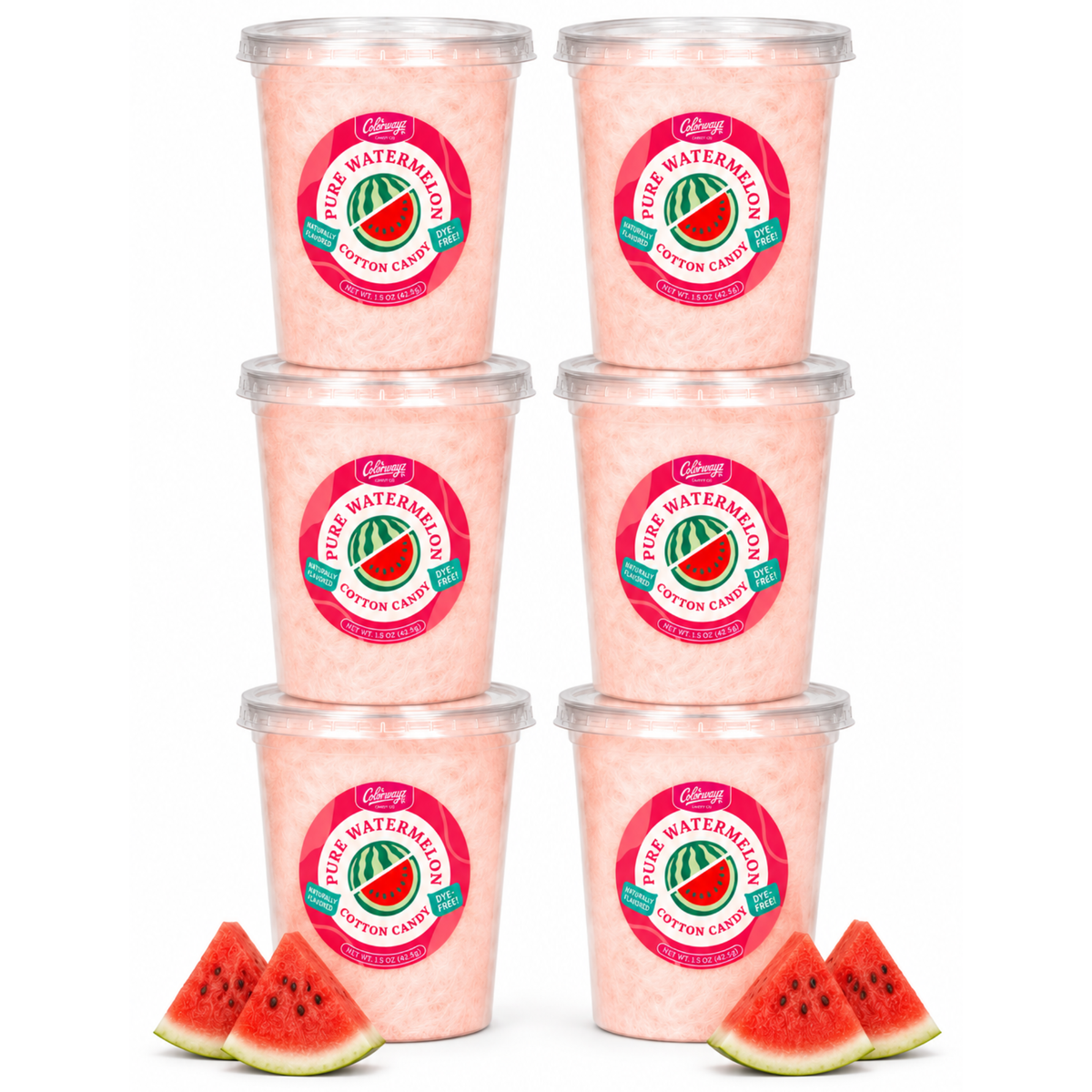 Six tubs of Colorwayz Pure Watermelon cotton candy with fresh watermelon slices.