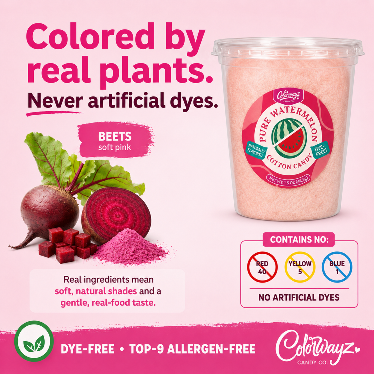 Pure Watermelon cotton candy showing beets as the source of its soft pink color.