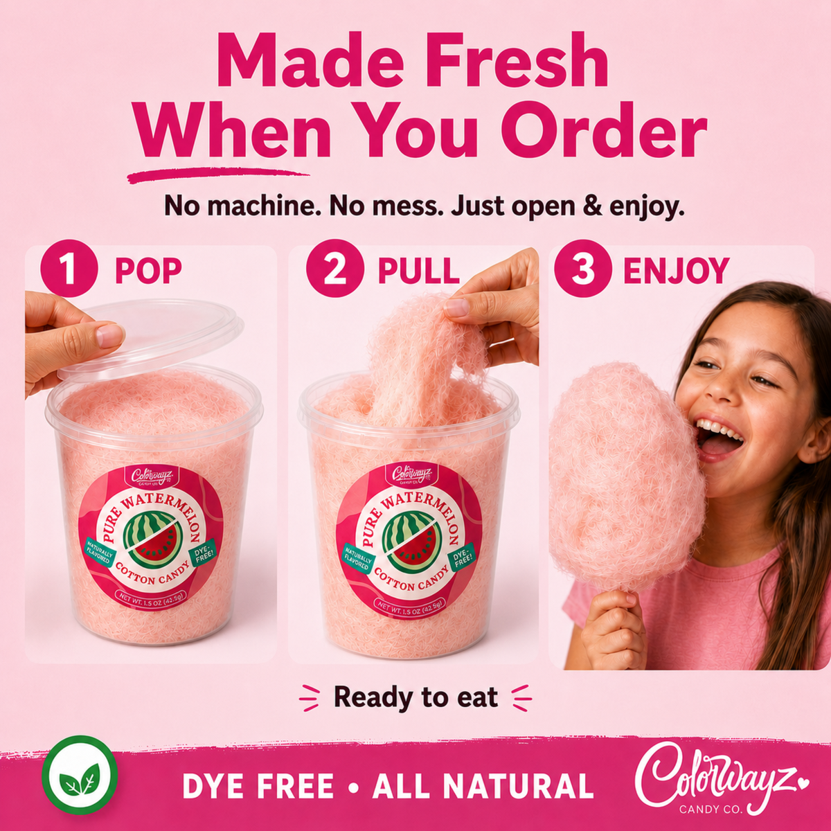 Pure Watermelon cotton candy showing how to open the tub, pull the cotton candy and enjoy.