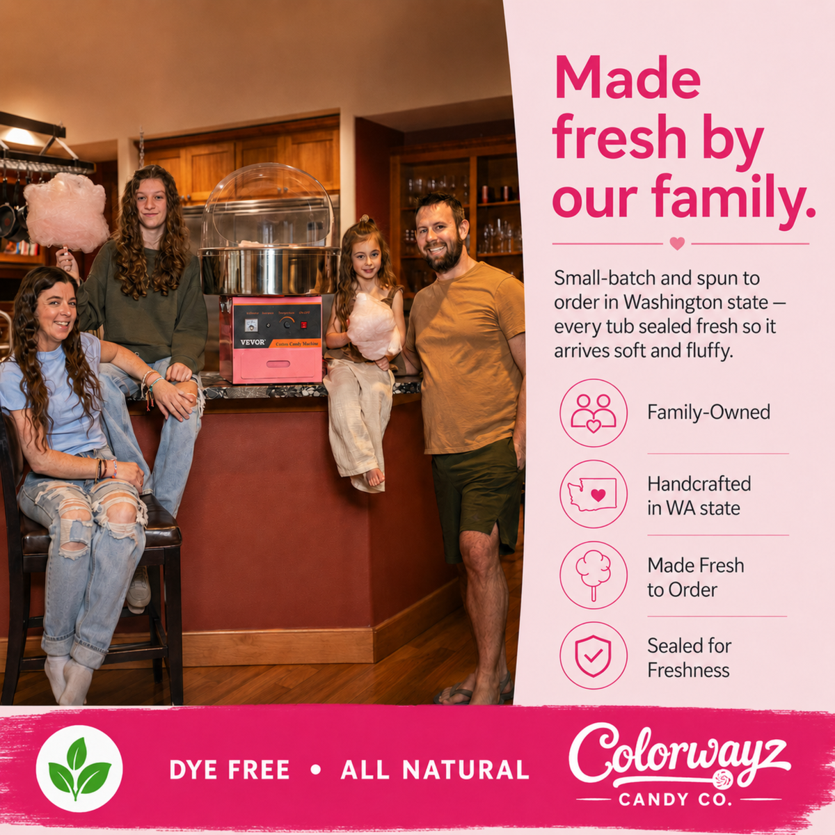 Colorwayz family with cotton candy and a cotton candy machine.