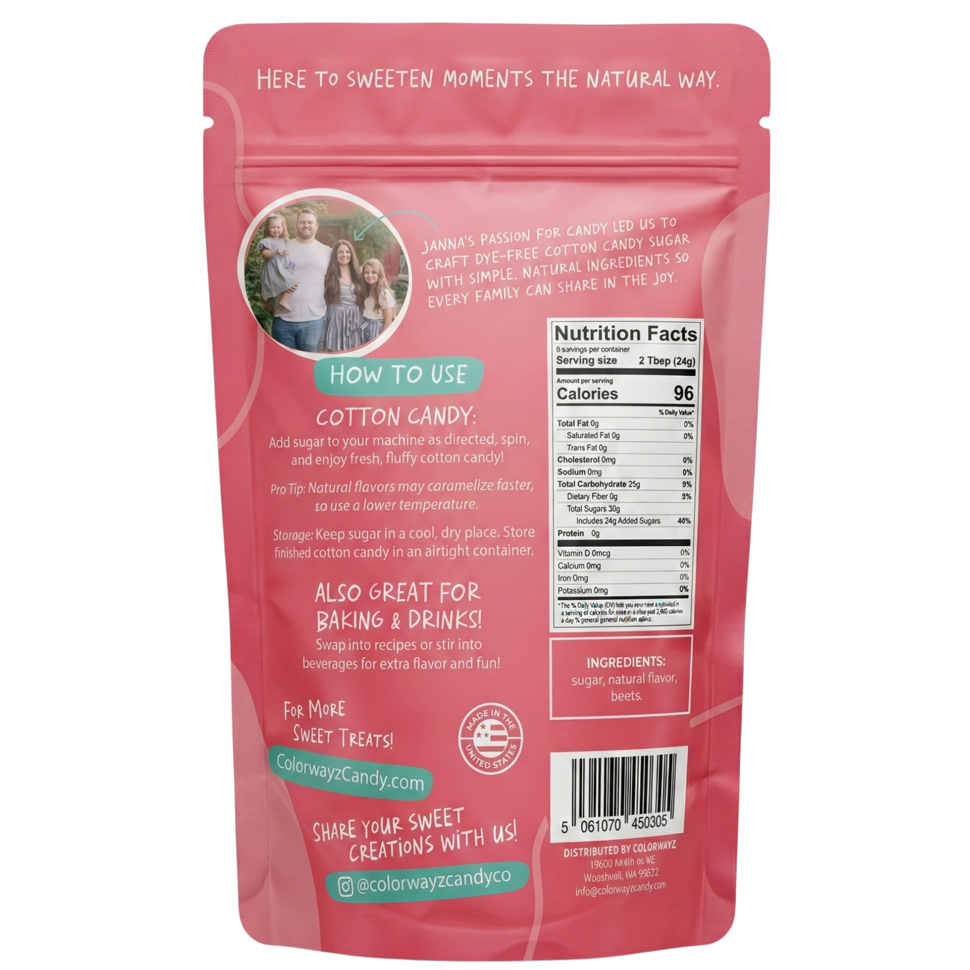 Back of Pure Watermelon cotton candy sugar 8oz bag showing ingredients, nutrition facts, and usage instructions.