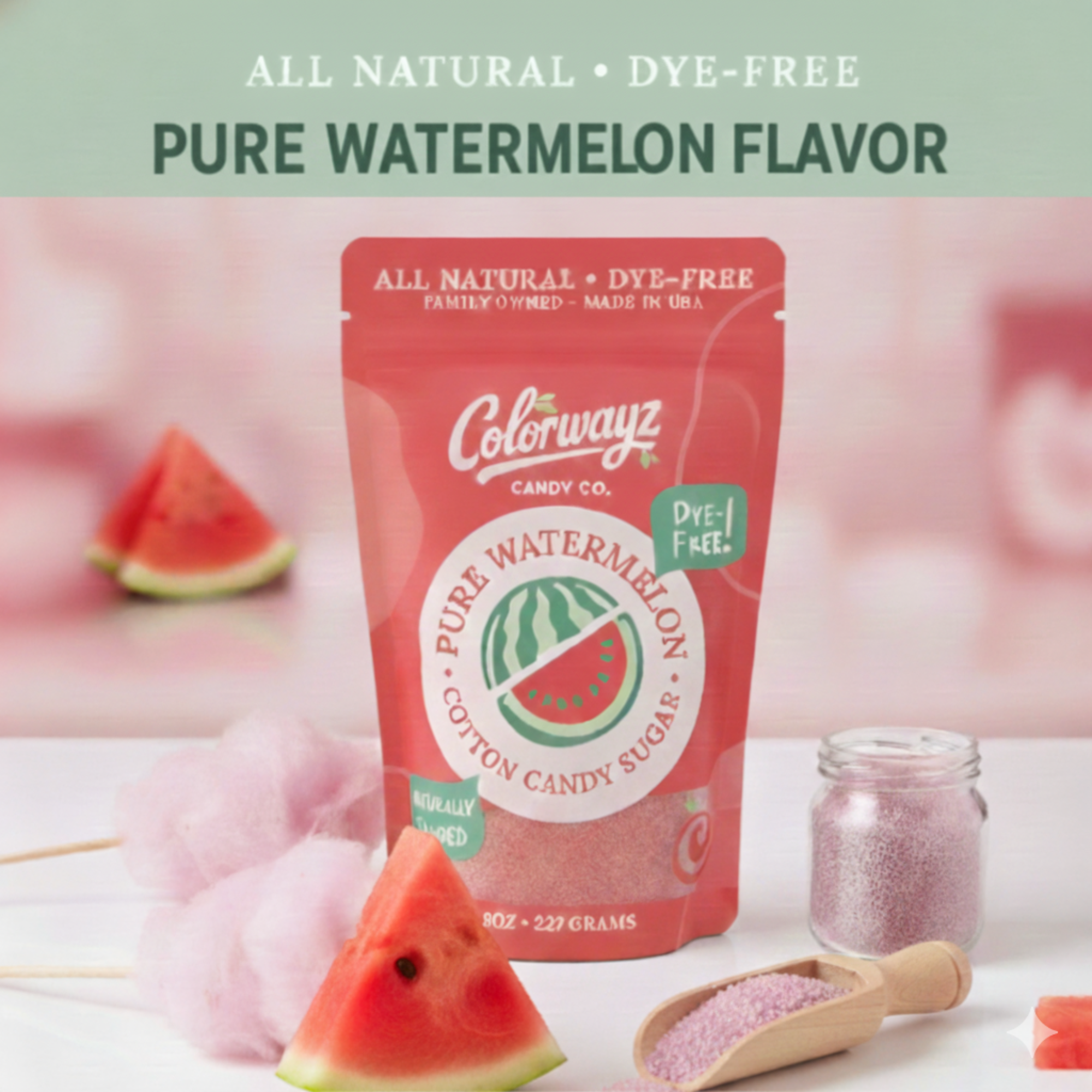 Pure Watermelon cotton candy sugar displayed with watermelon slices and floss sugar, dye-free and naturally flavored.
