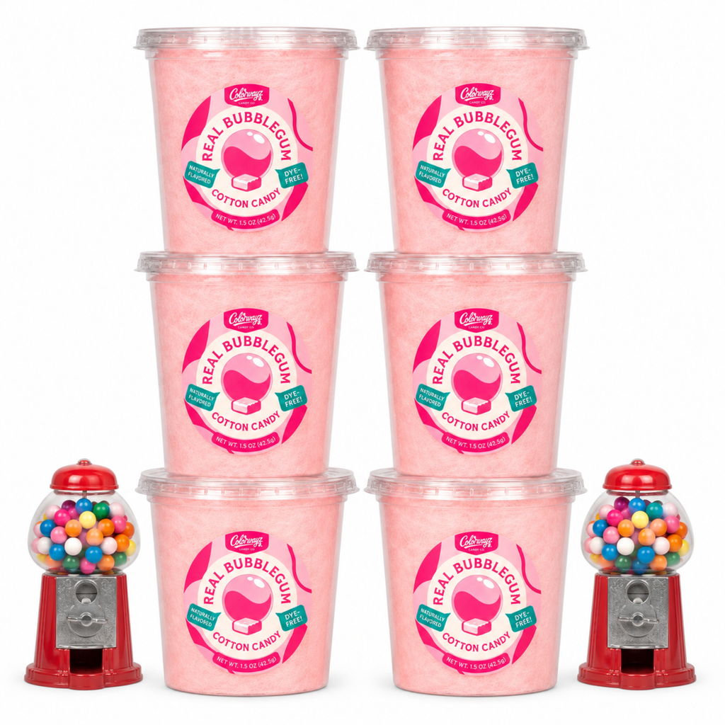 Six tubs of Colorwayz Real Bubblegum cotton candy with two miniature gumball machines.