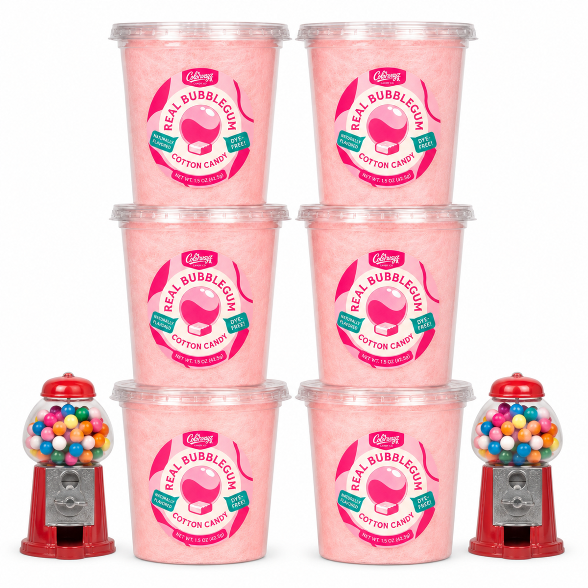 Six tubs of Colorwayz Real Bubblegum cotton candy with two miniature gumball machines.