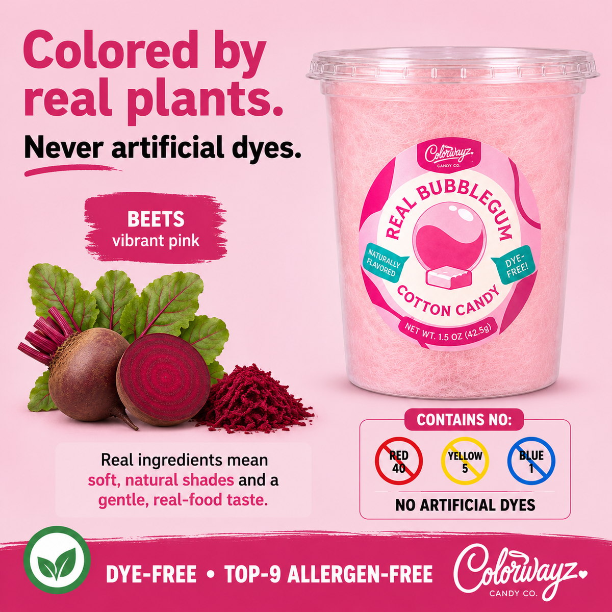 Real Bubblegum cotton candy showing beets as the source of its pink color.