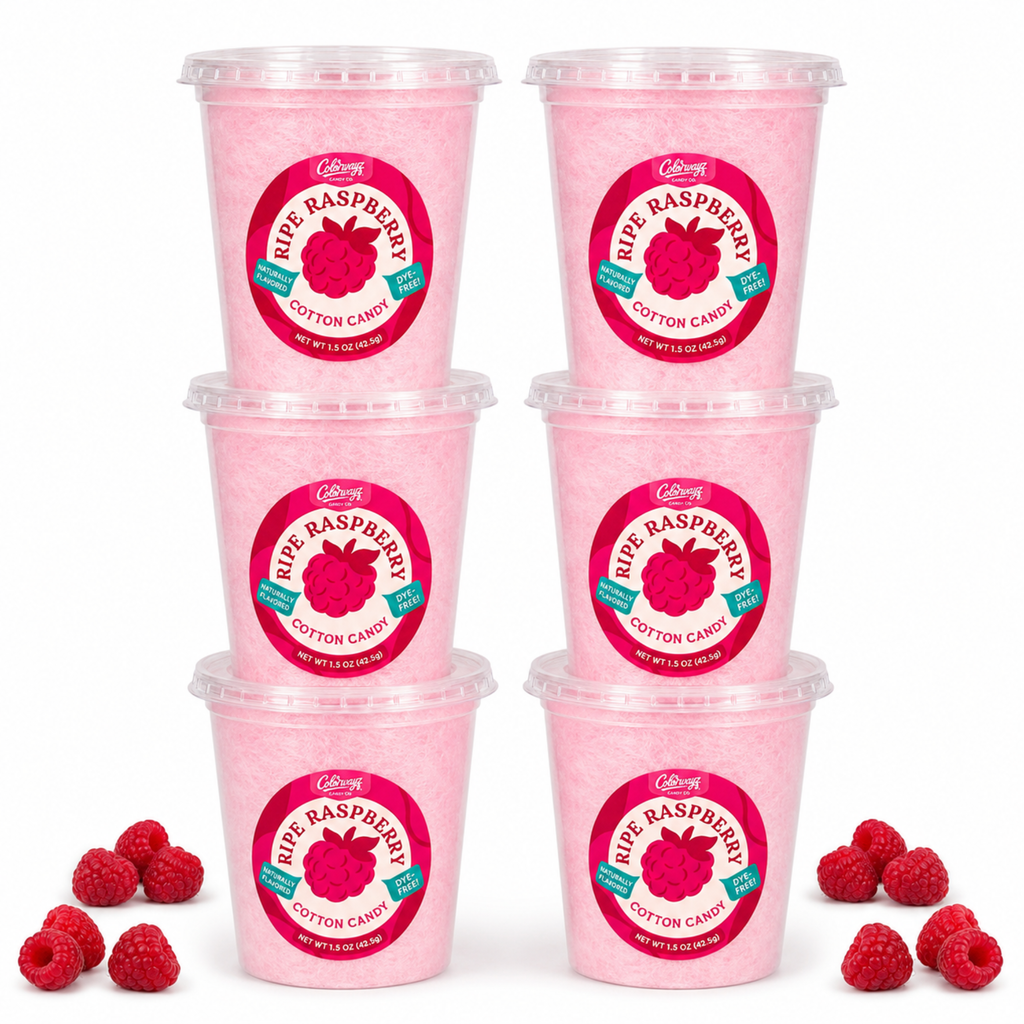 Six tubs of Colorwayz Ripe Raspberry cotton candy with fresh raspberries.