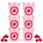 Six tubs of Colorwayz Ripe Raspberry cotton candy with fresh raspberries.