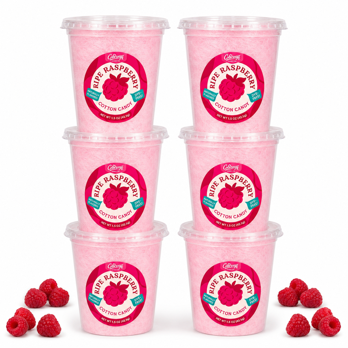 Six tubs of Colorwayz Ripe Raspberry cotton candy with fresh raspberries.