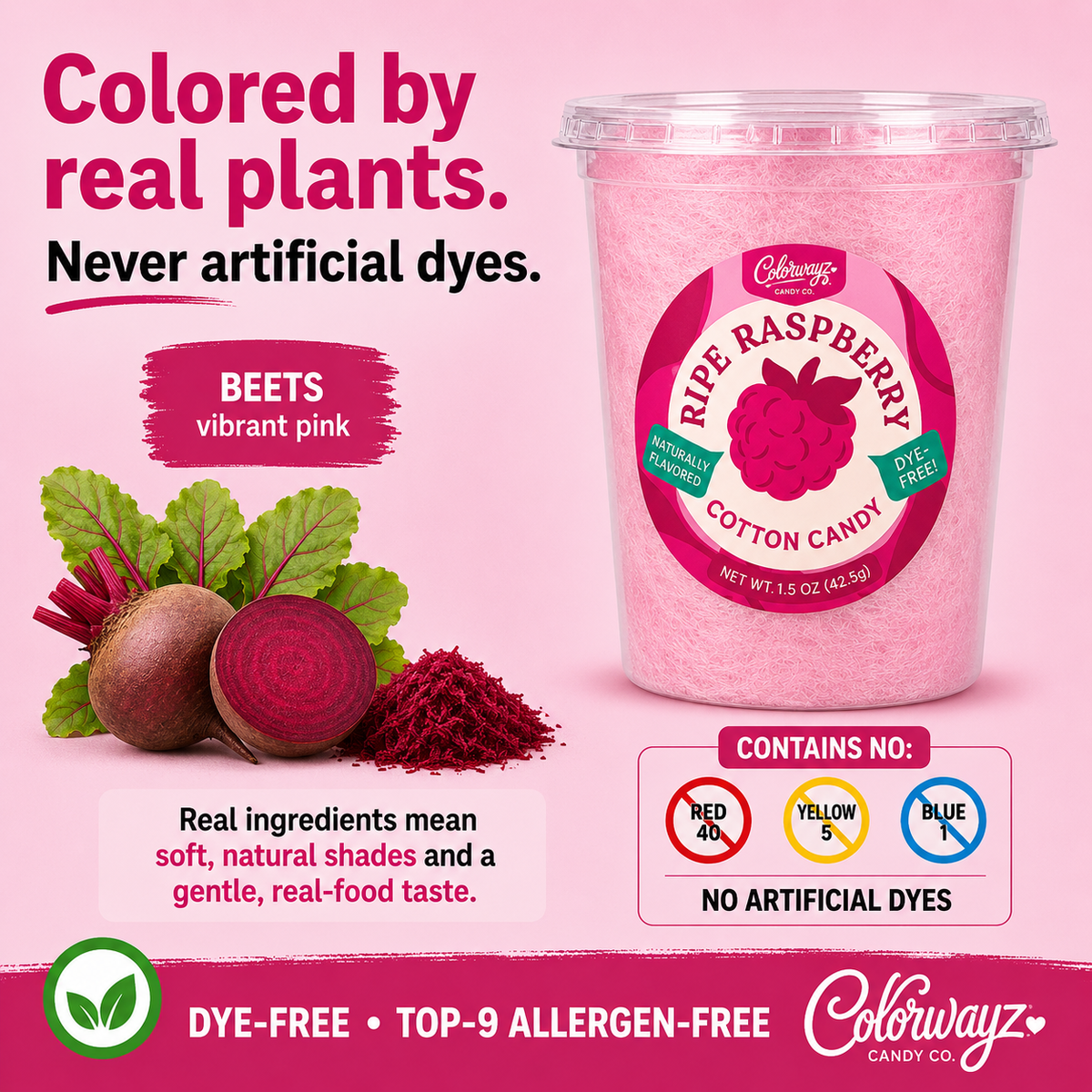 Ripe Raspberry cotton candy showing beets used for its pink color.