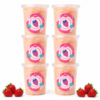 Six tubs of Colorwayz Simple Strawberry cotton candy with fresh strawberries.