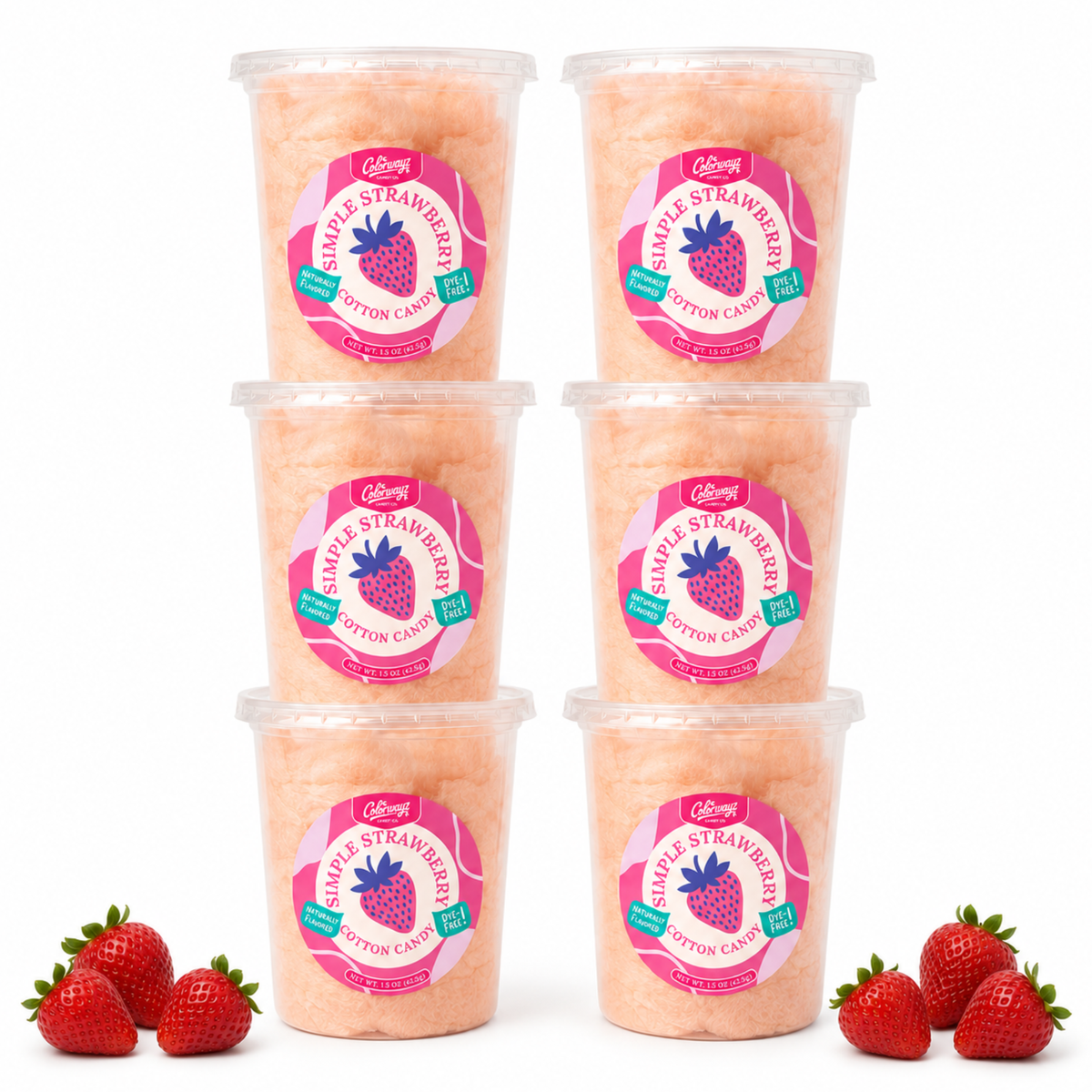 Six tubs of Colorwayz Simple Strawberry cotton candy with fresh strawberries.