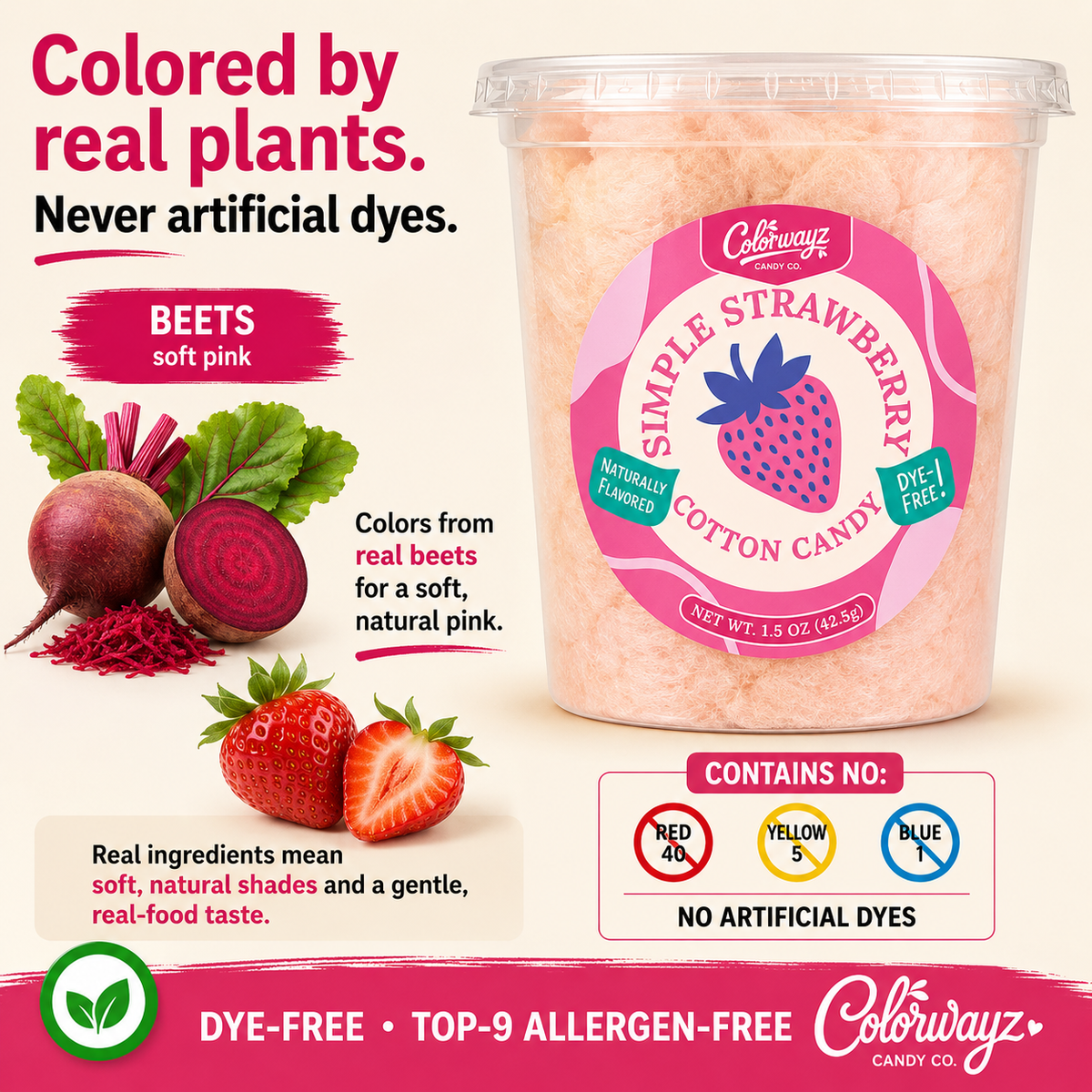 Simple Strawberry cotton candy showing beets used for its soft pink color.