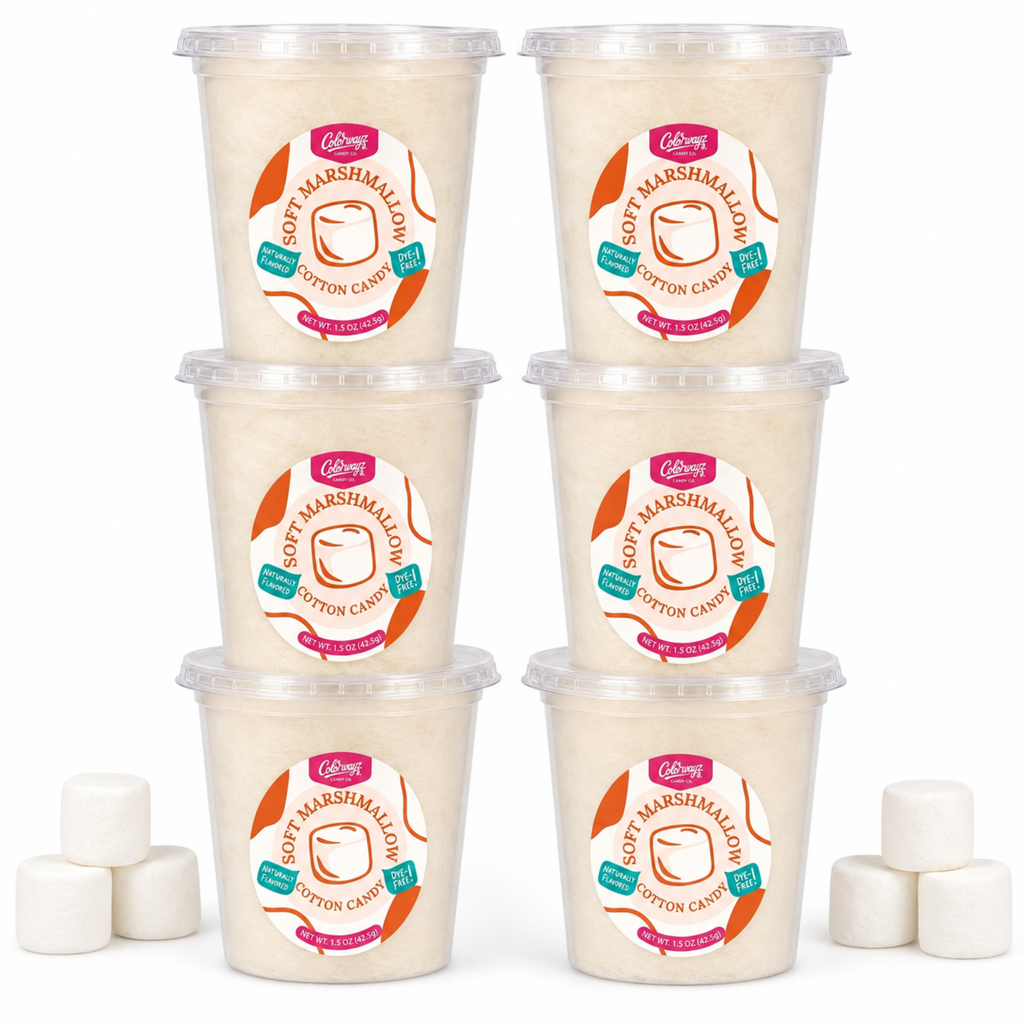 Six tubs of Colorwayz Soft Marshmallow cotton candy with marshmallows.
