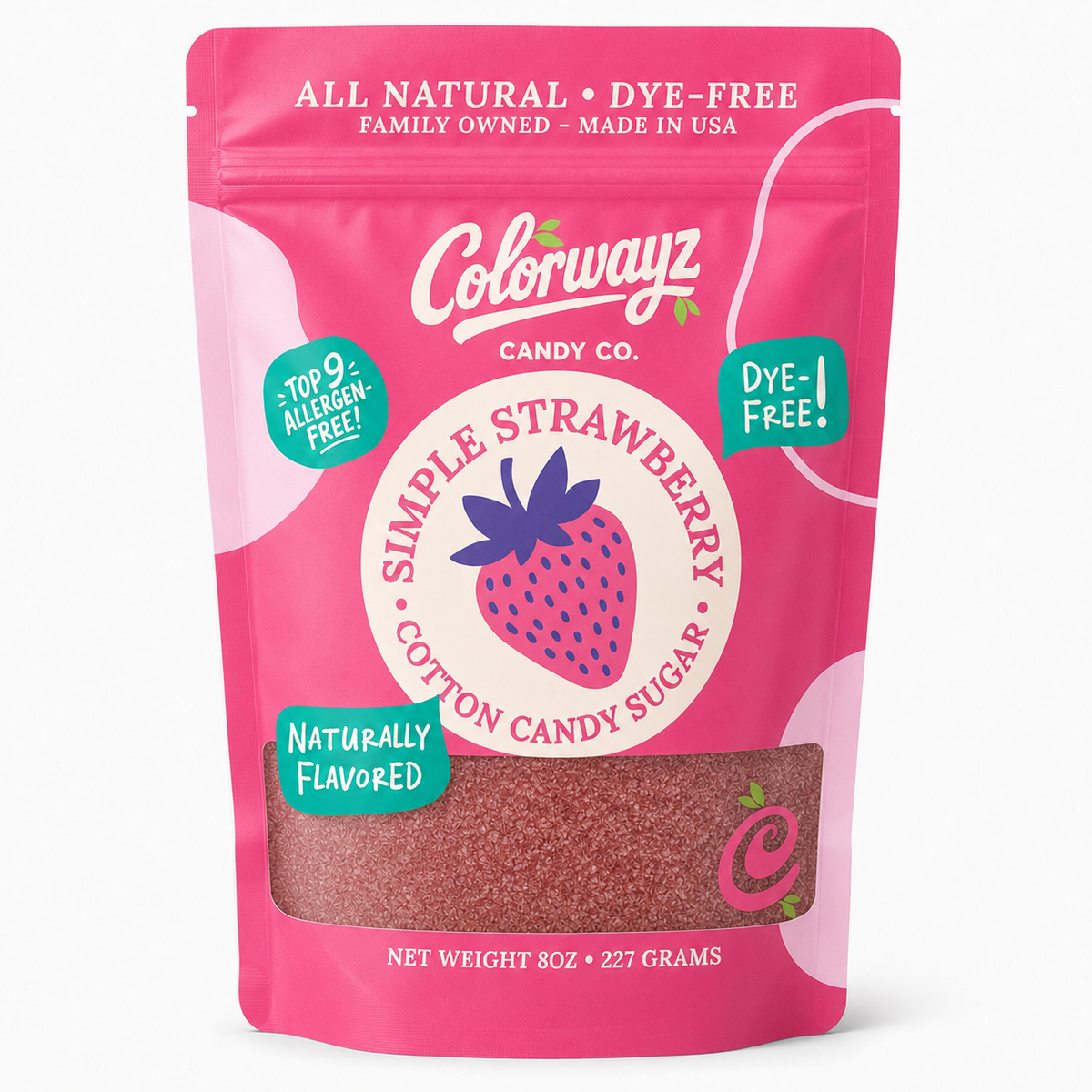 Colorwayz Simple Strawberry dye-free cotton candy sugar in an 8oz resealable bag, made with natural flavors and no artificial dyes
