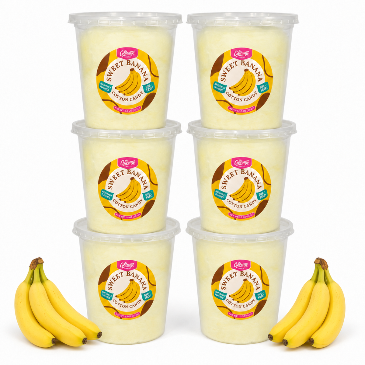 Six tubs of Colorwayz Sweet Banana cotton candy with fresh bananas.