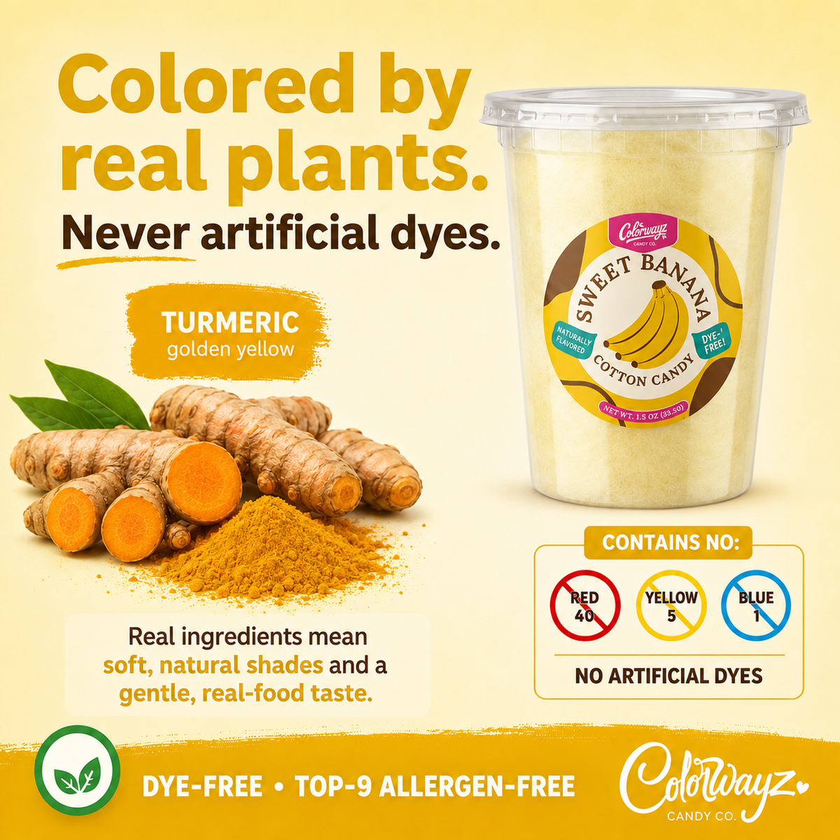 Sweet Banana cotton candy showing turmeric as the source of its yellow color.