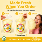 Sweet Banana cotton candy showing three steps to open the tub, pull the cotton candy and enjoy.