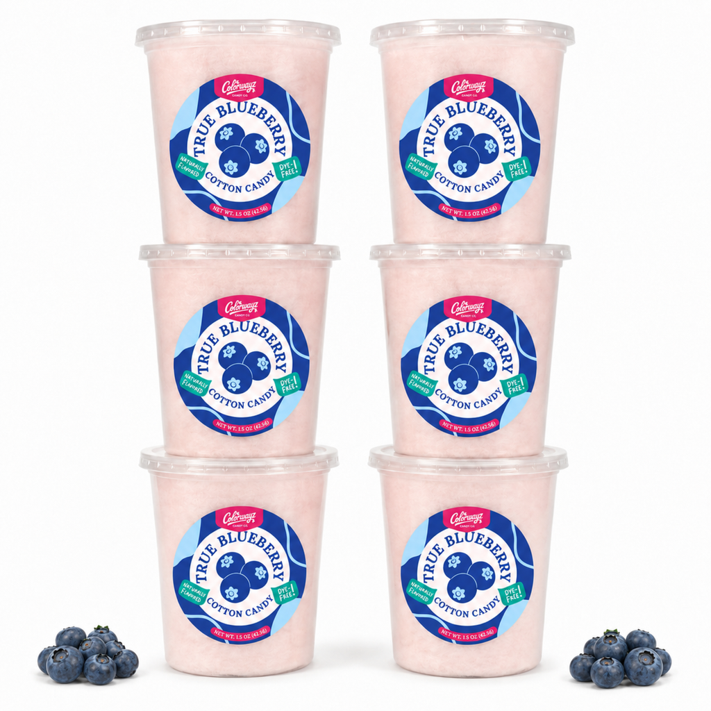 Six tubs of Colorwayz True Blueberry cotton candy with fresh blueberries.