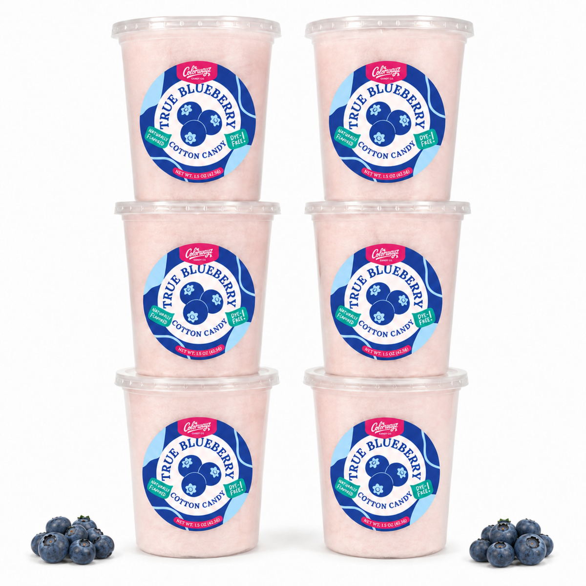 Six tubs of Colorwayz True Blueberry cotton candy with fresh blueberries.