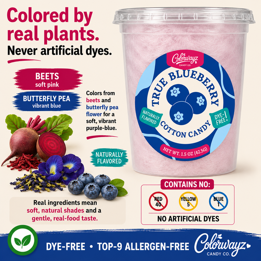 True Blueberry cotton candy showing beets and butterfly pea flower used for color.