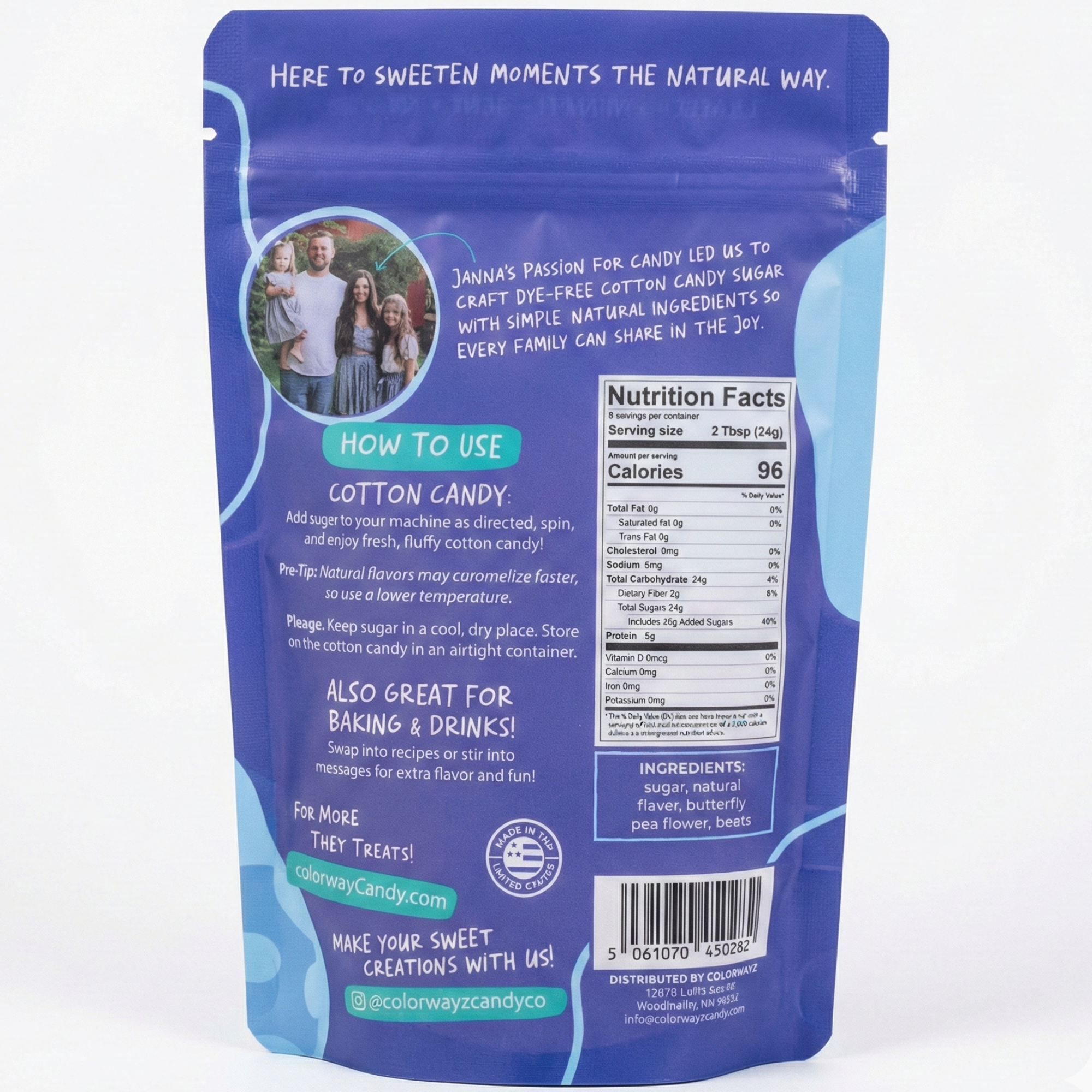Back of Colorwayz True Blueberry Cotton Candy Sugar 8oz bag showing how to use instructions, nutrition facts, ingredients, and family-owned brand story