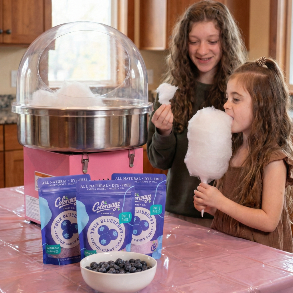 Children enjoying homemade cotton candy made with Colorwayz True Blueberry Cotton Candy Sugar using a home cotton candy machine