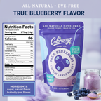 Nutrition facts and ingredients for Colorwayz True Blueberry Cotton Candy Sugar, showing calories, serving size, and dye-free ingredients including sugar, natural flavor, and butterfly pea flower