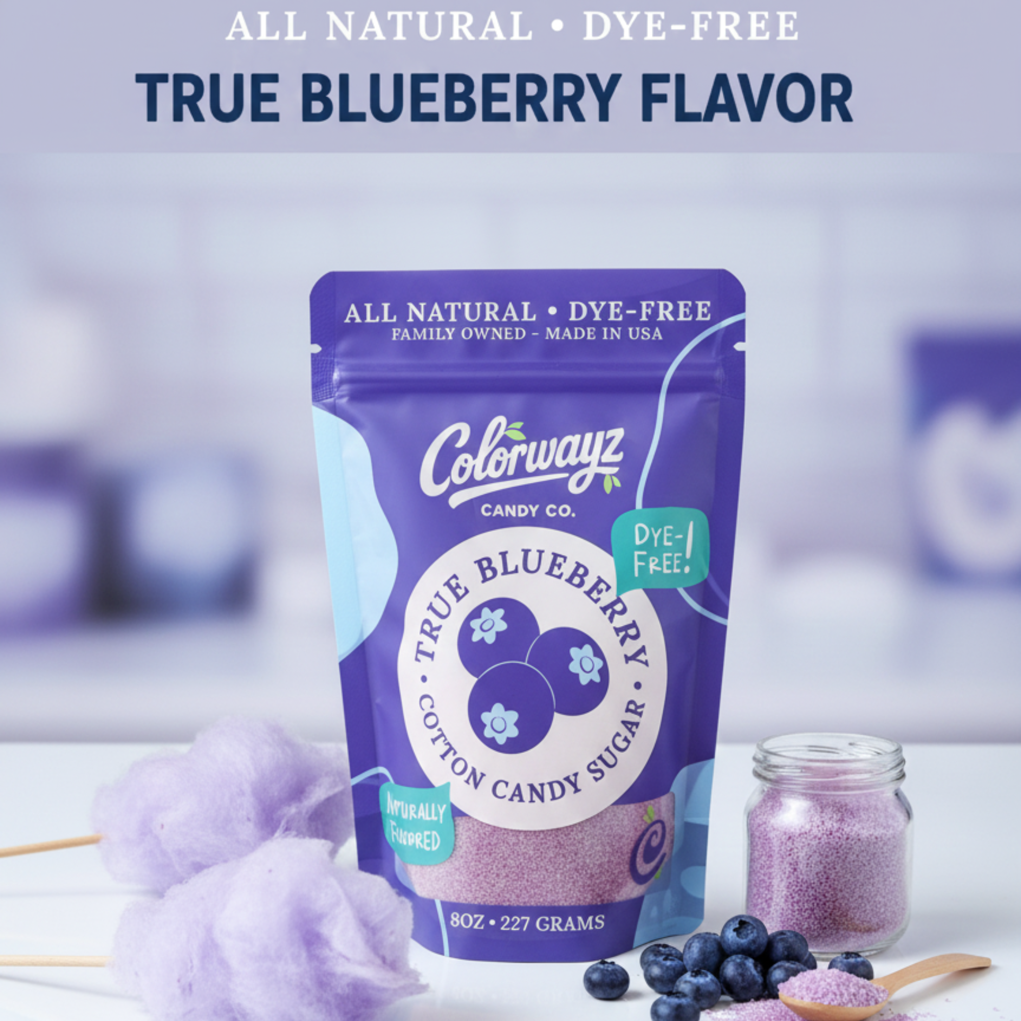Colorwayz True Blueberry Cotton Candy Sugar 8oz bag with spun cotton candy, fresh blueberries, and dyed-free blueberry flavored sugar crystals