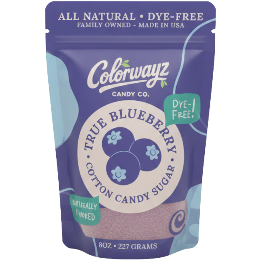 Front view of Colorwayz True Blueberry Cotton Candy Sugar 8oz bag, dye-free and naturally flavored cotton candy sugar made in the USA