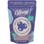 Front view of Colorwayz True Blueberry Cotton Candy Sugar 8oz bag, dye-free and naturally flavored cotton candy sugar made in the USA