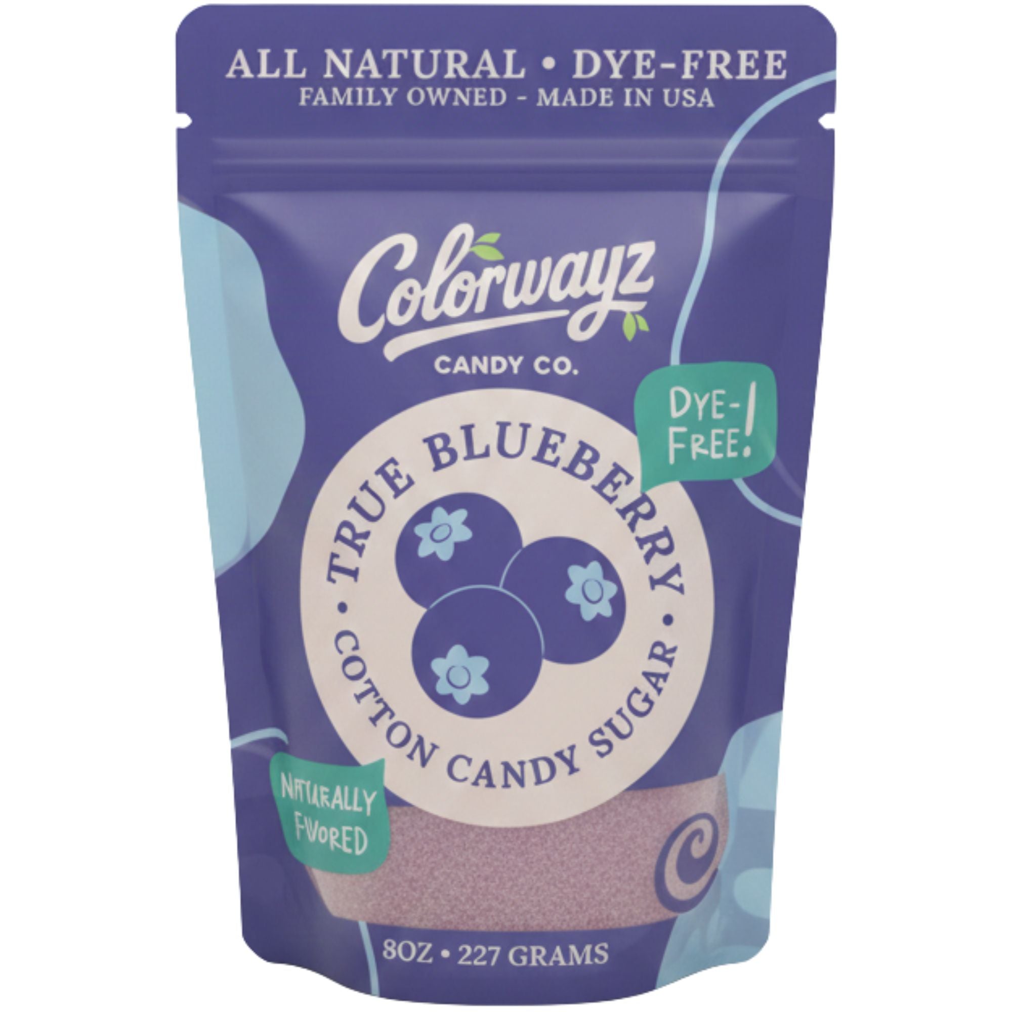 A stand-up resealable pouch of Colorwayz Candy Co. True Blueberry Cotton Candy Sugar, 8 oz (227 grams).