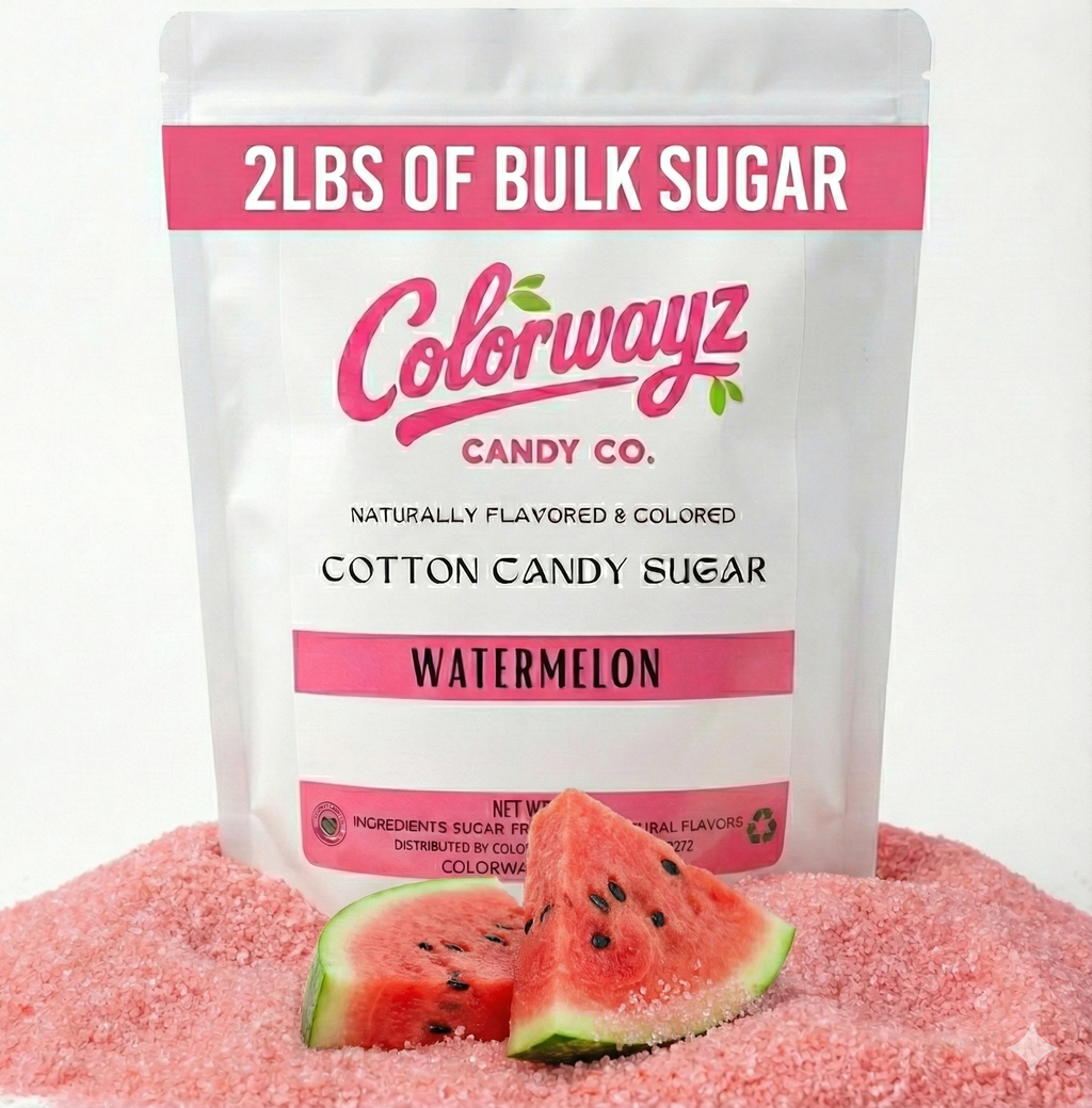 2 lb bulk watermelon cotton candy sugar by Colorwayz Candy Co, naturally flavored and colored floss sugar with fresh watermelon slices, dye-free cotton candy sugar
